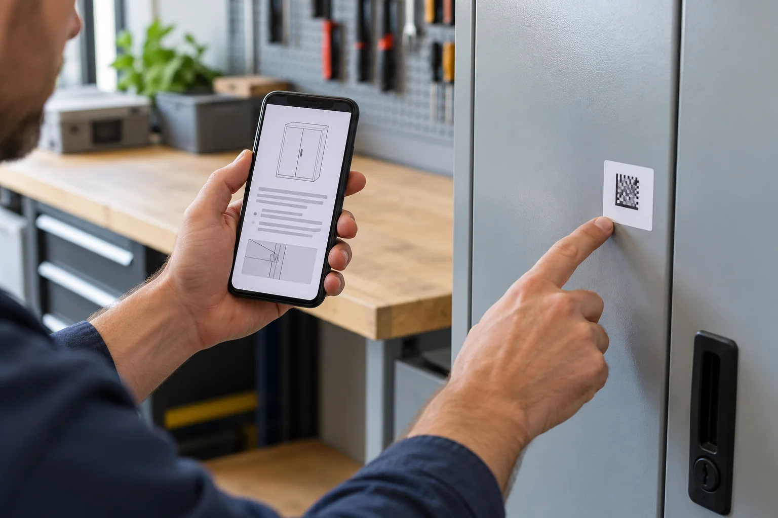 Consultation d’un document sur téléphone à côté d’une étiquette sur un meuble fermé