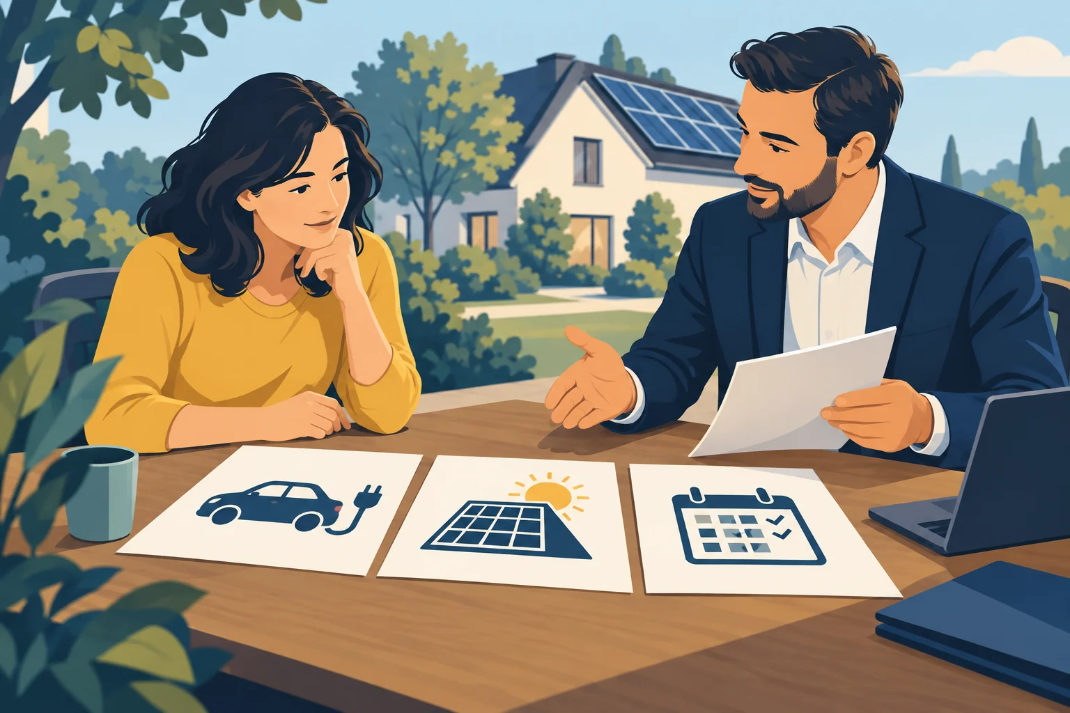 Illustration d’un échange autour de documents représentant le véhicule, les panneaux solaires et le calendrier du projet.
